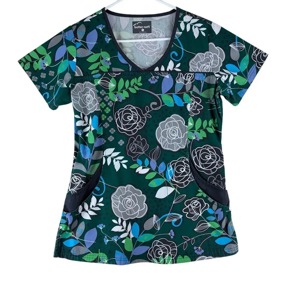 Butter Soft V Neck Tee Women's S Nurse Scrub Floral Medical Office Comfort